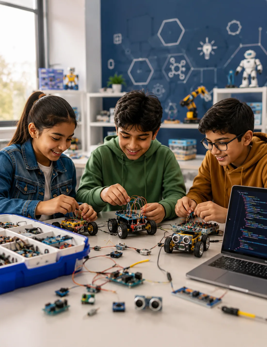 Students using STEM robotics learning systems in modern innovation classroom