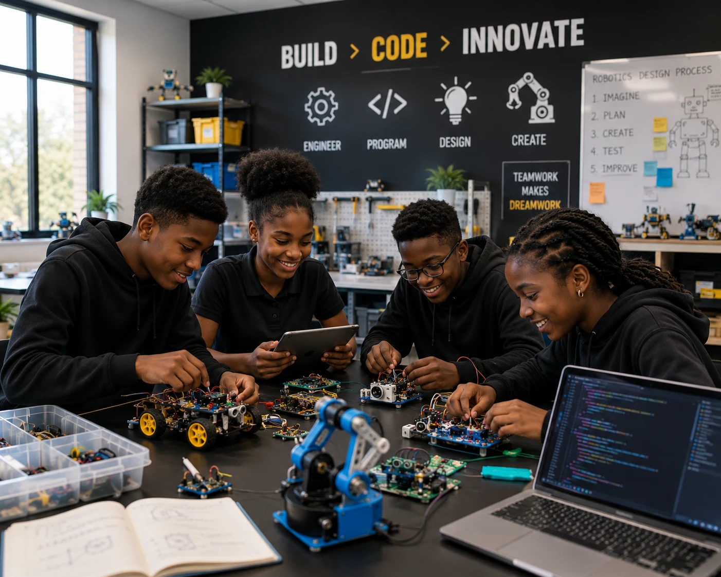 Black students using STEM robotics learning systems and coding education kits